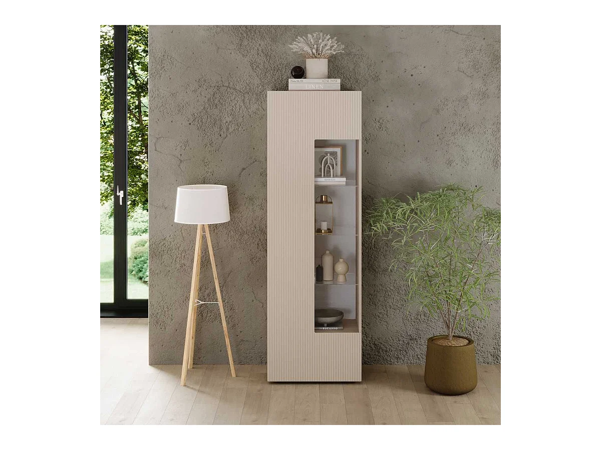 Vitrine 1 porte beige façades relief à stries verticales - JANEIRO BEIGE