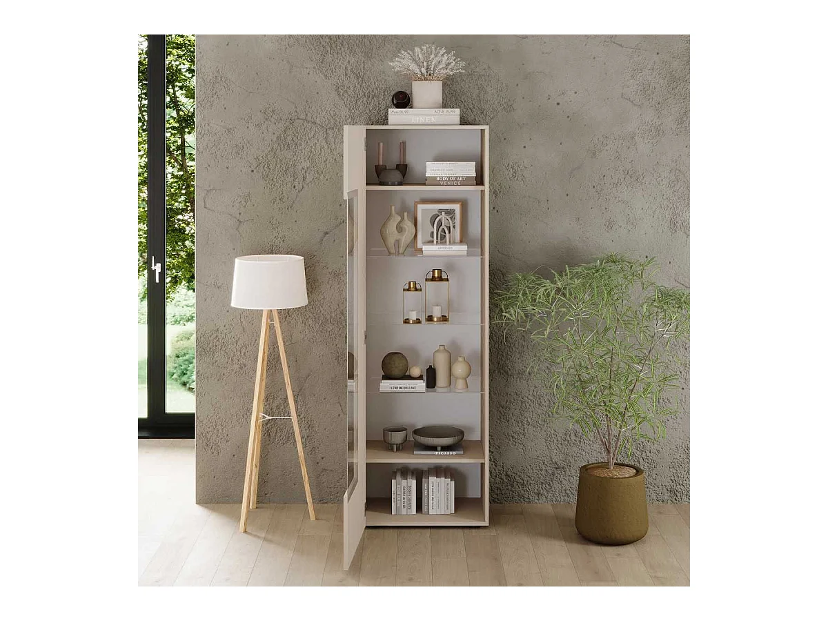 Vitrine 1 porte beige façades relief à stries verticales - JANEIRO BEIGE