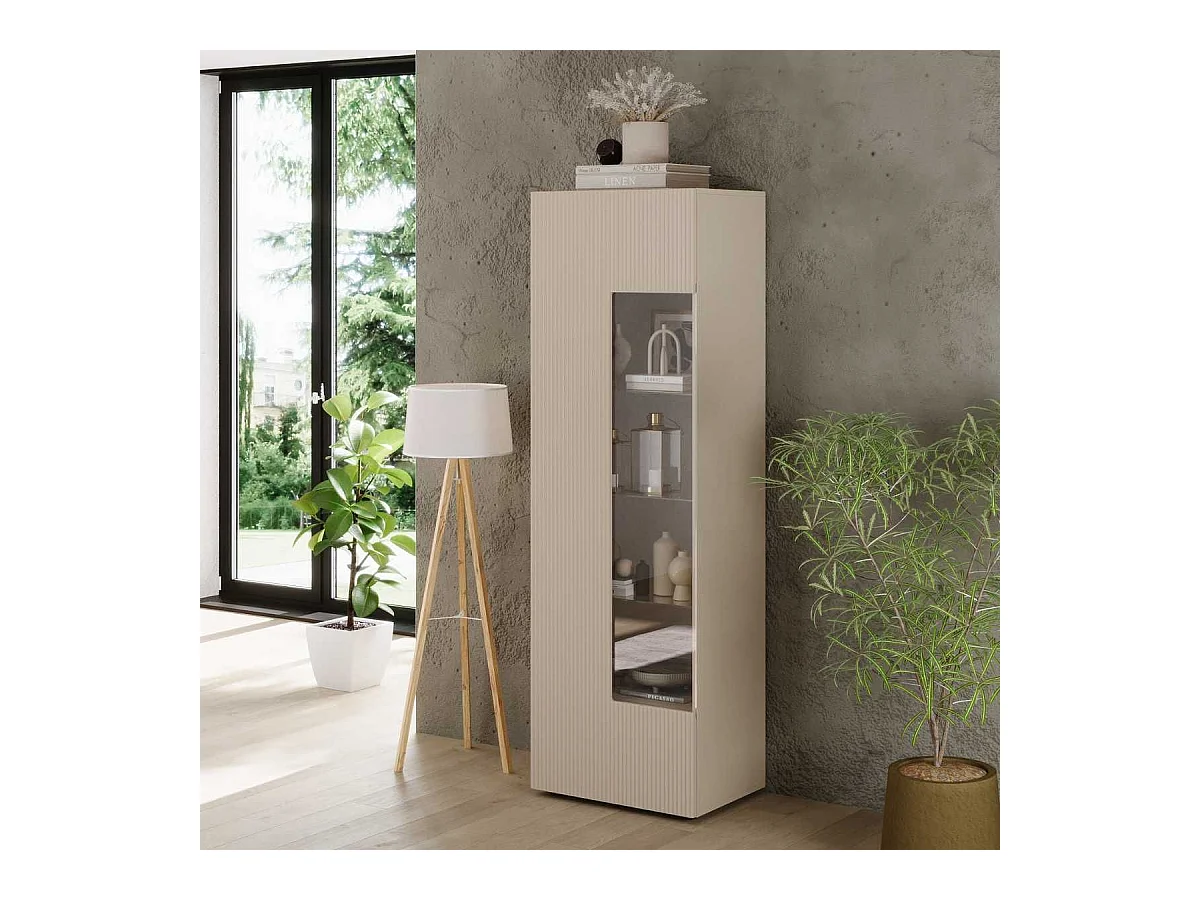 Vitrine 1 porte beige façades relief à stries verticales - JANEIRO BEIGE