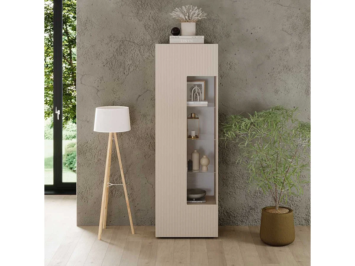 Vitrine 1 porte beige façades relief à stries verticales - JANEIRO BEIGE