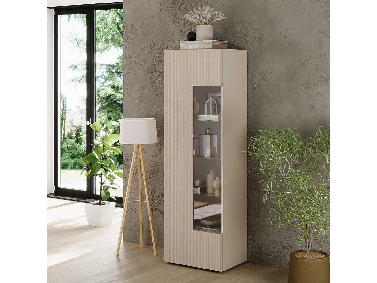 Vitrine 1 porte beige façades relief à stries verticales - JANEIRO BEIGE