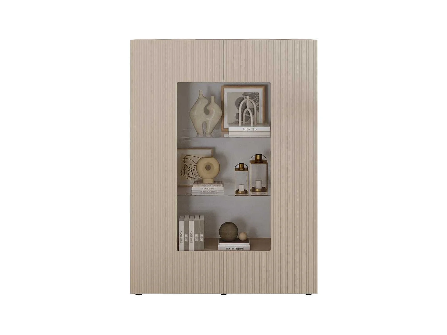 Vitrine 2 portes beige façades relief à stries verticales - JANEIRO BEIGE