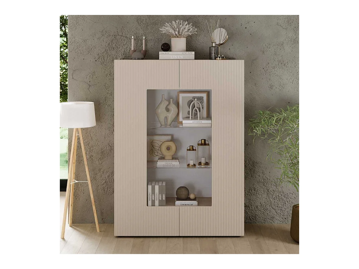Vitrine 2 portes beige façades relief à stries verticales - JANEIRO BEIGE