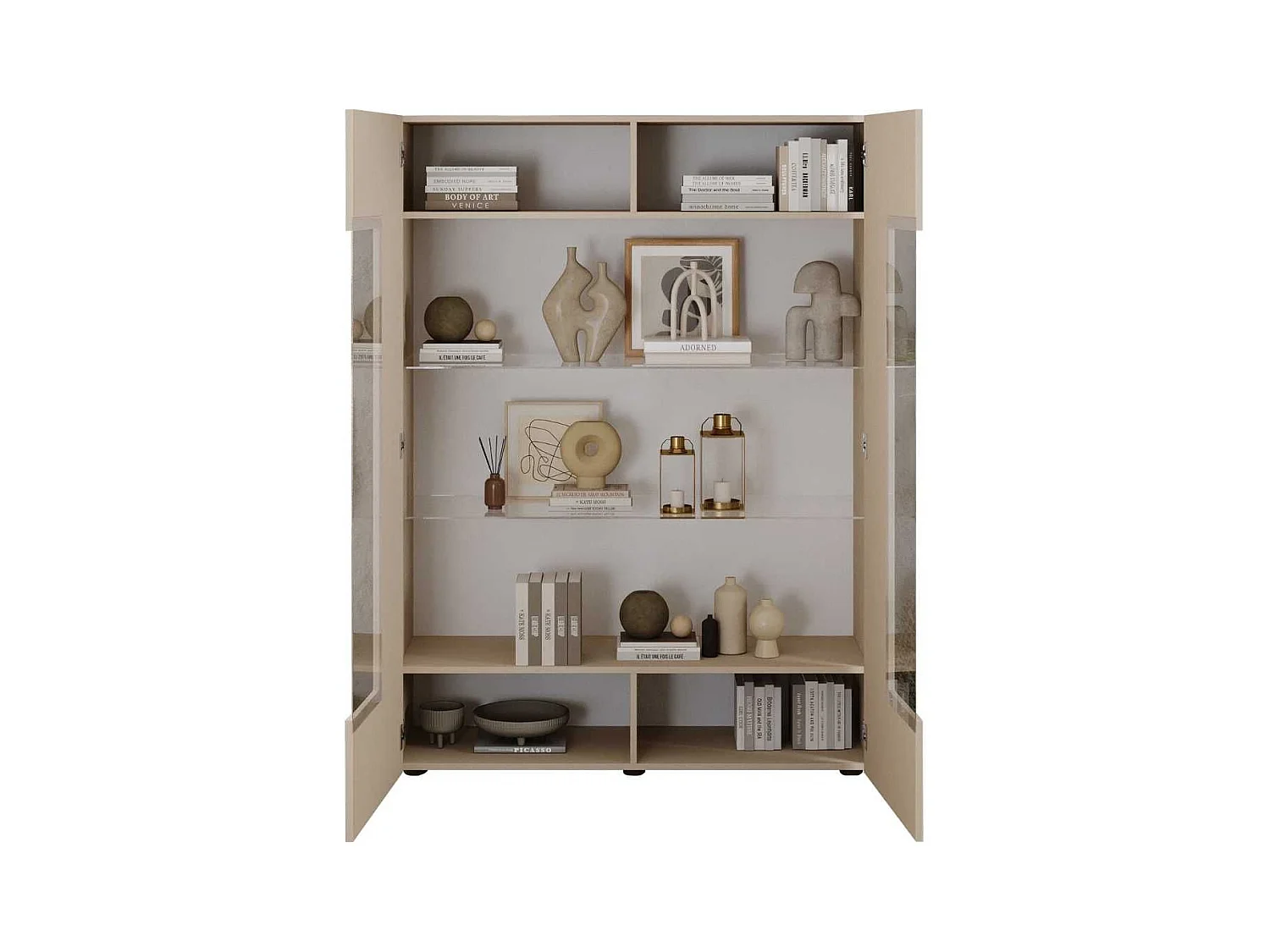 Vitrine 2 portes beige façades relief à stries verticales - JANEIRO BEIGE