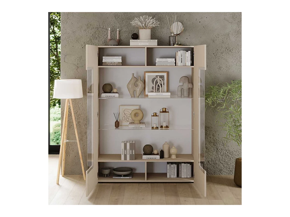 Vitrine 2 portes beige façades relief à stries verticales - JANEIRO BEIGE