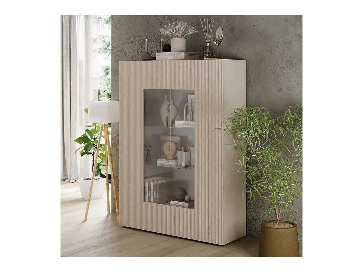 Vitrine 2 portes beige façades relief à stries verticales - JANEIRO BEIGE