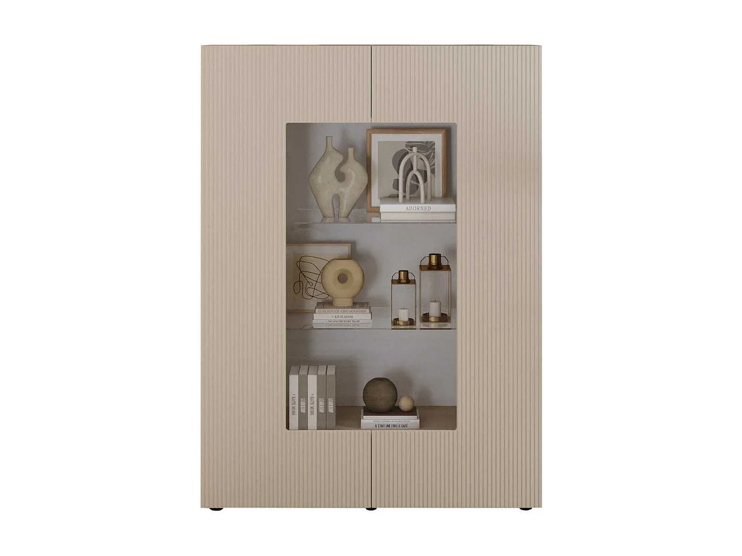 Vitrine 2 portes beige façades relief à stries verticales - JANEIRO BEIGE