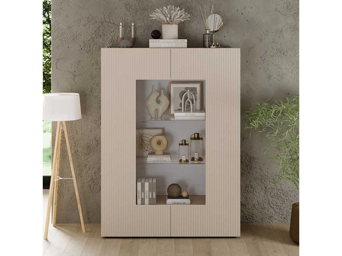 Vitrine 2 portes beige façades relief à stries verticales - JANEIRO BEIGE