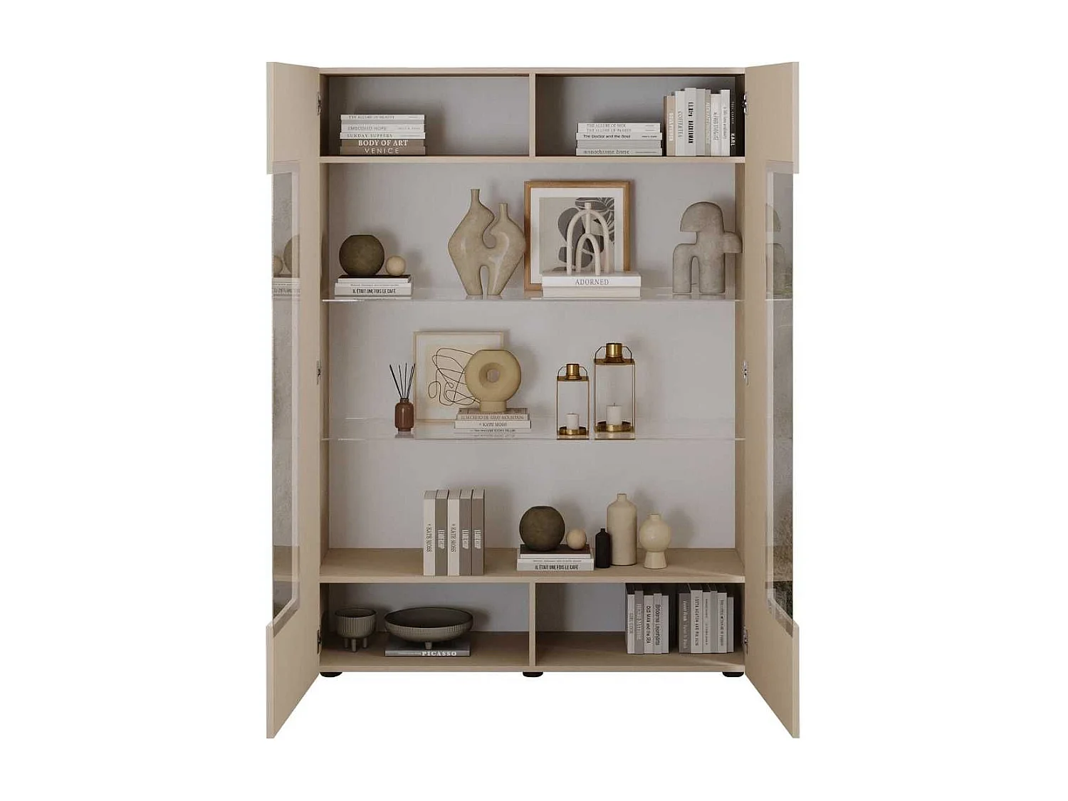 Vitrine 2 portes beige façades relief à stries verticales - JANEIRO BEIGE