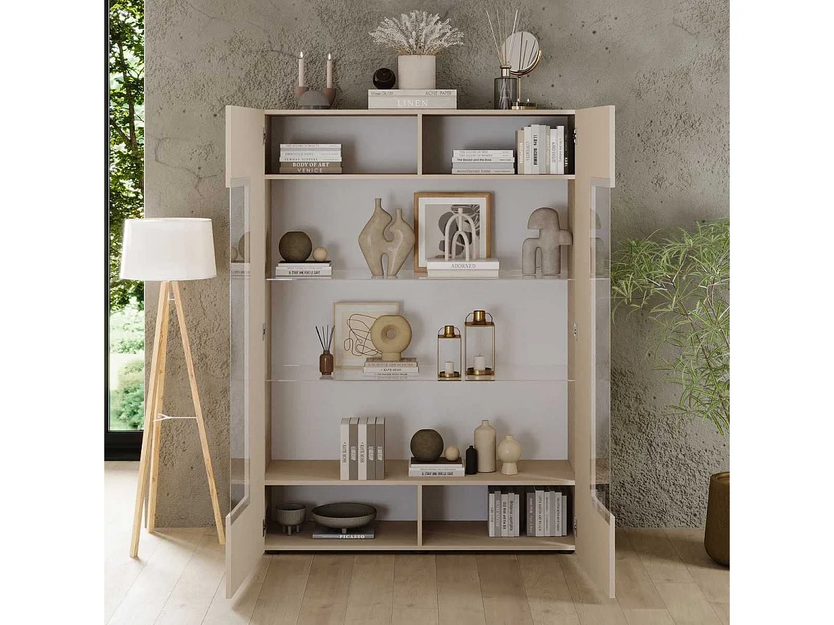 Vitrine 2 portes beige façades relief à stries verticales - JANEIRO BEIGE