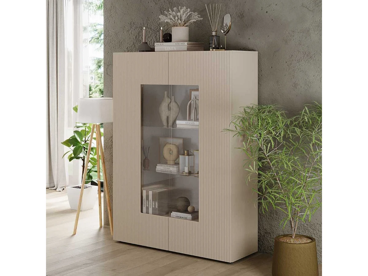 Vitrine 2 portes beige façades relief à stries verticales - JANEIRO BEIGE