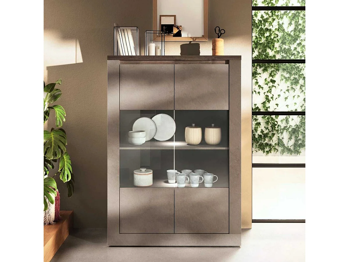 Vitrine 2 portes aspect minéral bronze plateau bois Mercure avec LED - ISALIA BRONZE