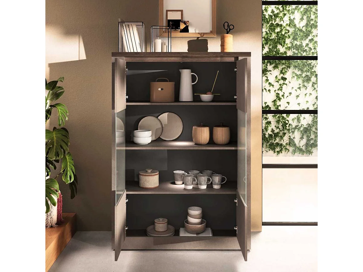 Vitrine 2 portes aspect minéral bronze plateau bois Mercure avec LED - ISALIA BRONZE