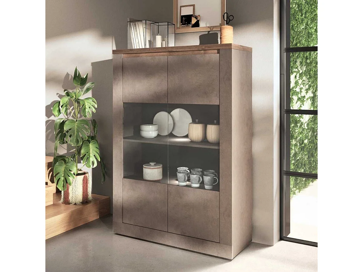 Vitrine 2 portes aspect minéral bronze plateau bois Mercure avec LED - ISALIA BRONZE