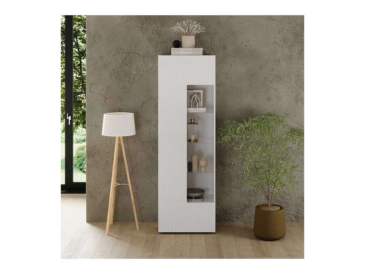 Vitrine 1 porte blanc façades relief à stries verticales - JANEIRO BLANC