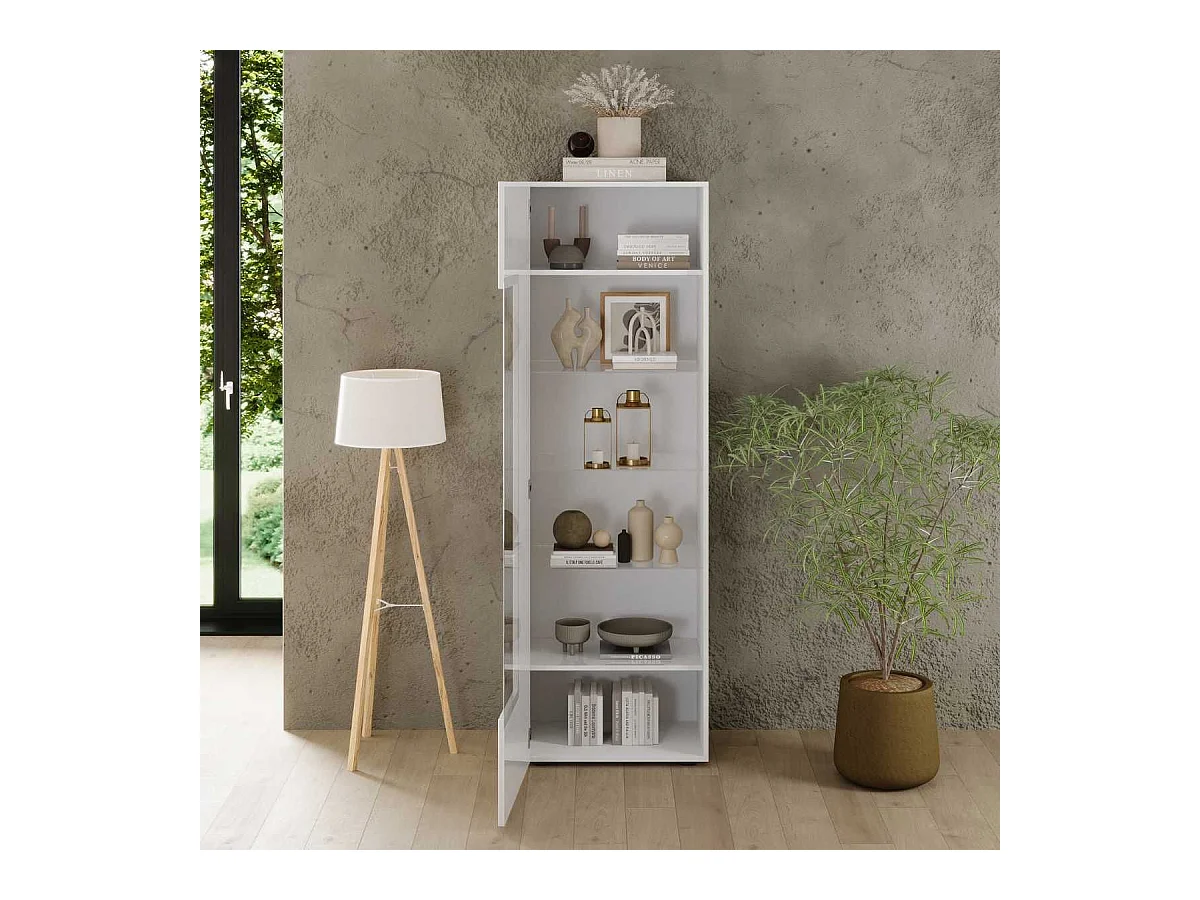 Vitrine 1 porte blanc façades relief à stries verticales - JANEIRO BLANC