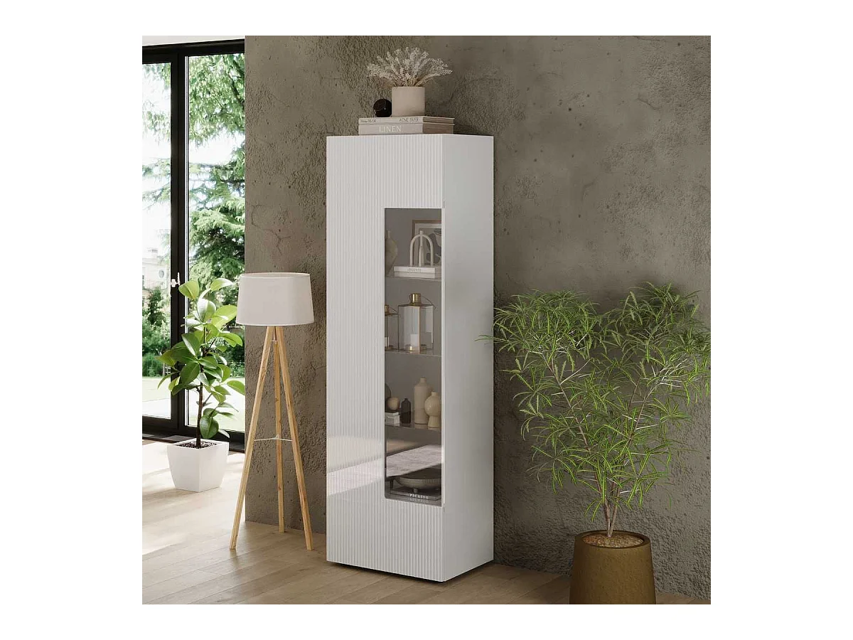 Vitrine 1 porte blanc façades relief à stries verticales - JANEIRO BLANC