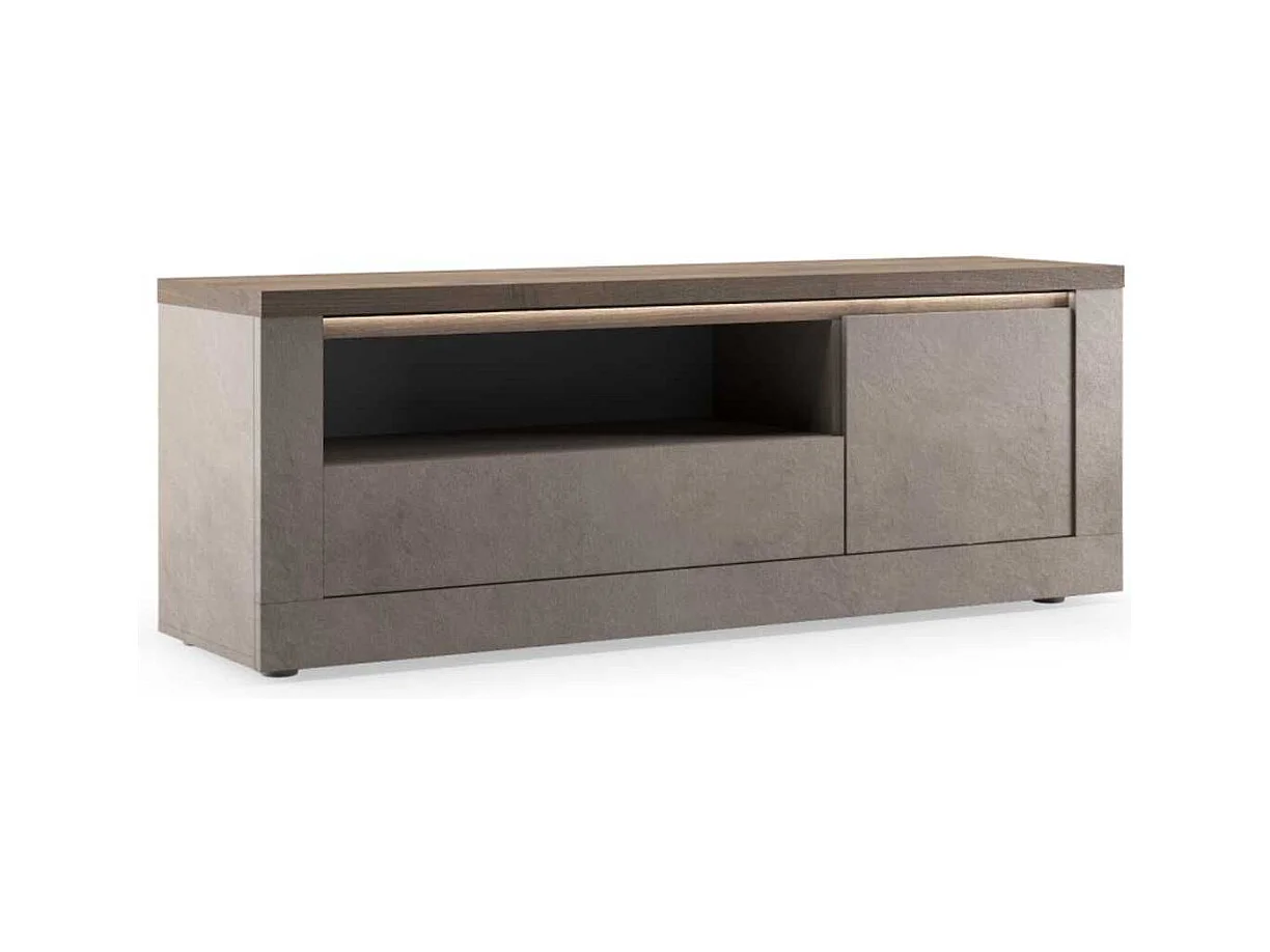 Meuble TV 1 porte aspect minéral bronze plateau bois Mercure avec LED - ISALIA BRONZE