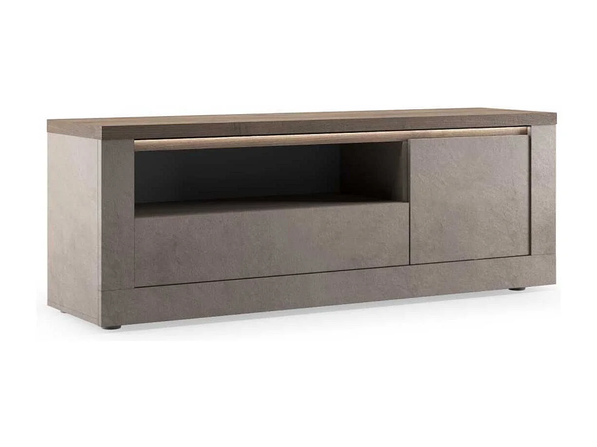 Meuble TV 1 porte aspect minéral bronze plateau bois Mercure avec LED - ISALIA BRONZE