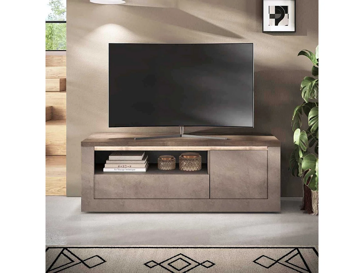 Meuble TV 1 porte aspect minéral bronze plateau bois Mercure avec LED - ISALIA BRONZE