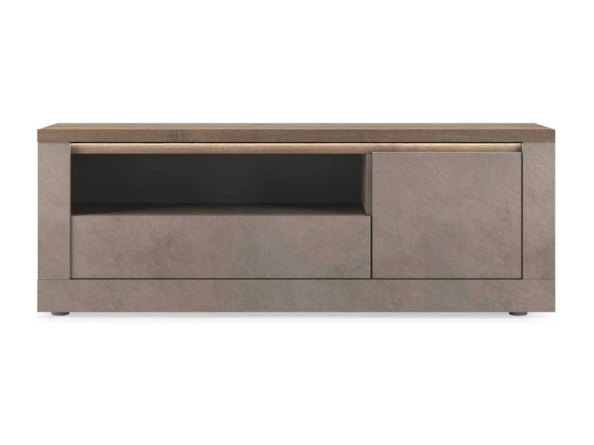 Meuble TV 1 porte aspect minéral bronze plateau bois Mercure avec LED - ISALIA BRONZE