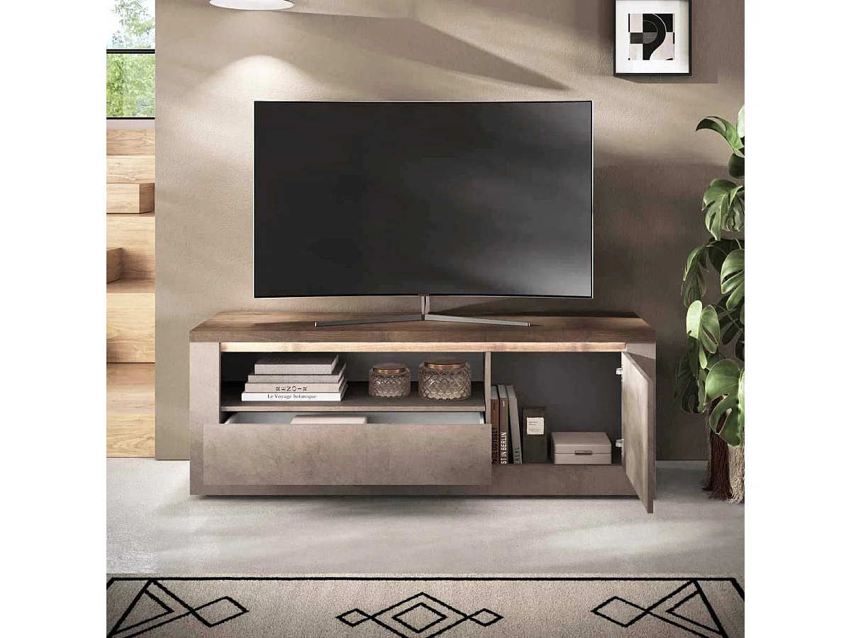Meuble TV 1 porte aspect minéral bronze plateau bois Mercure avec LED - ISALIA BRONZE