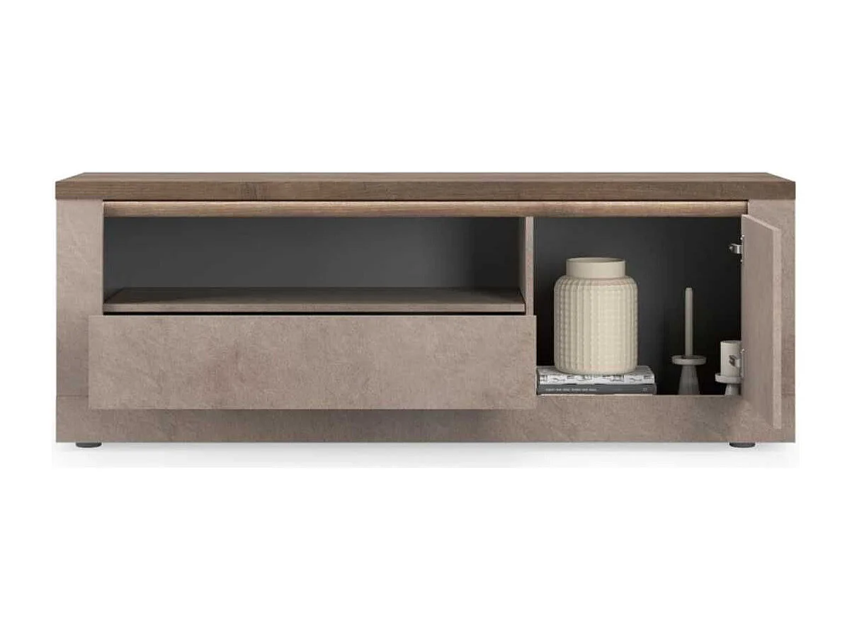 Meuble TV 1 porte aspect minéral bronze plateau bois Mercure avec LED - ISALIA BRONZE