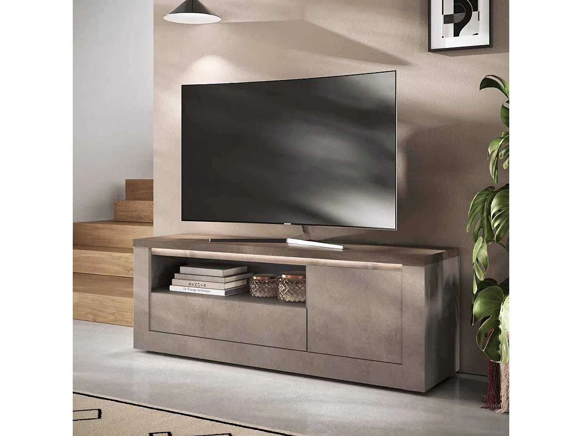 Meuble TV 1 porte aspect minéral bronze plateau bois Mercure avec LED - ISALIA BRONZE