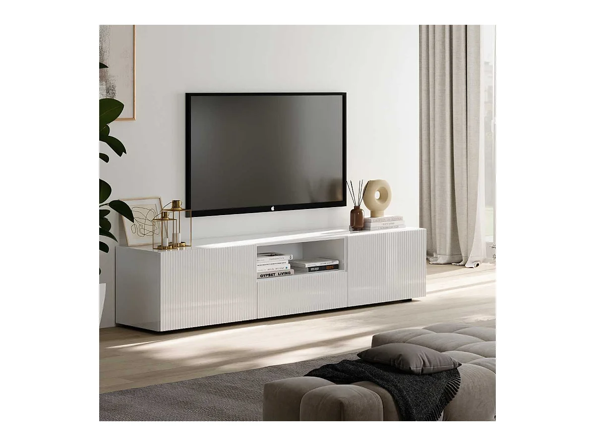 Meuble TV 2 portes 1 tiroir blanc façades relief à stries verticales - JANEIRO BLANC