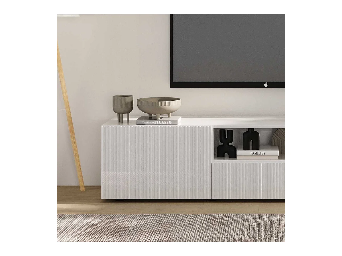 Meuble TV 2 portes 1 tiroir blanc façades relief à stries verticales - JANEIRO BLANC