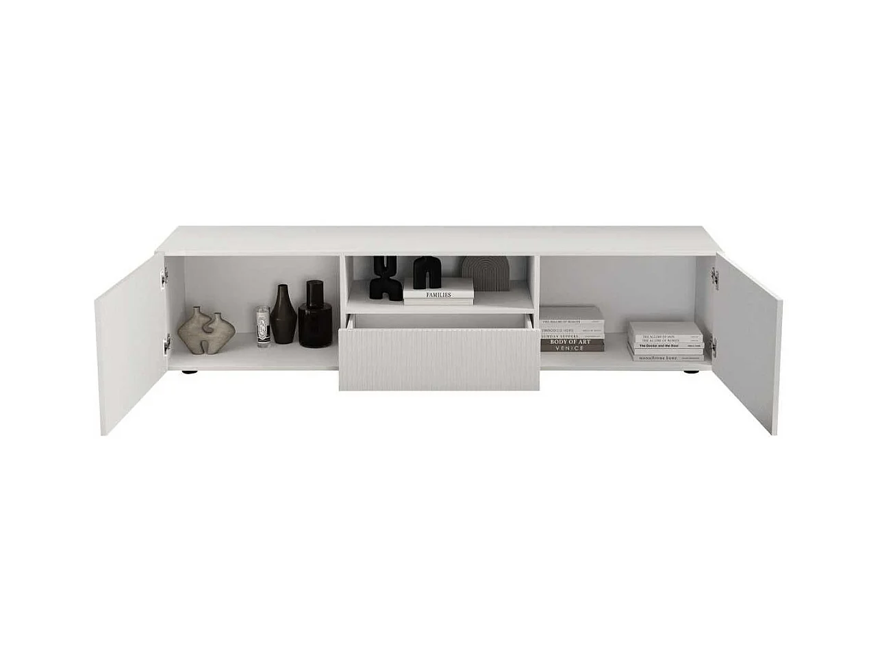 Meuble TV 2 portes 1 tiroir blanc façades relief à stries verticales - JANEIRO BLANC