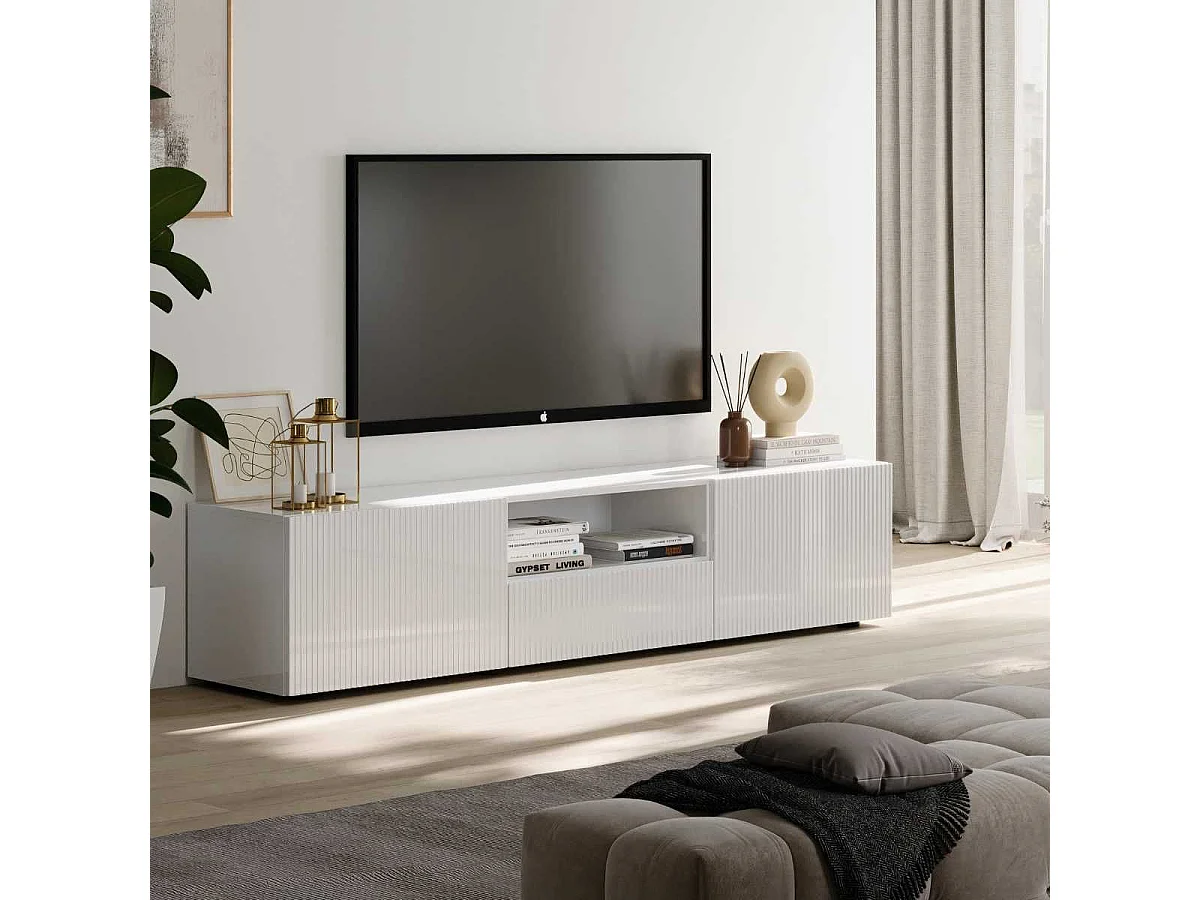 Meuble TV 2 portes 1 tiroir blanc façades relief à stries verticales - JANEIRO BLANC