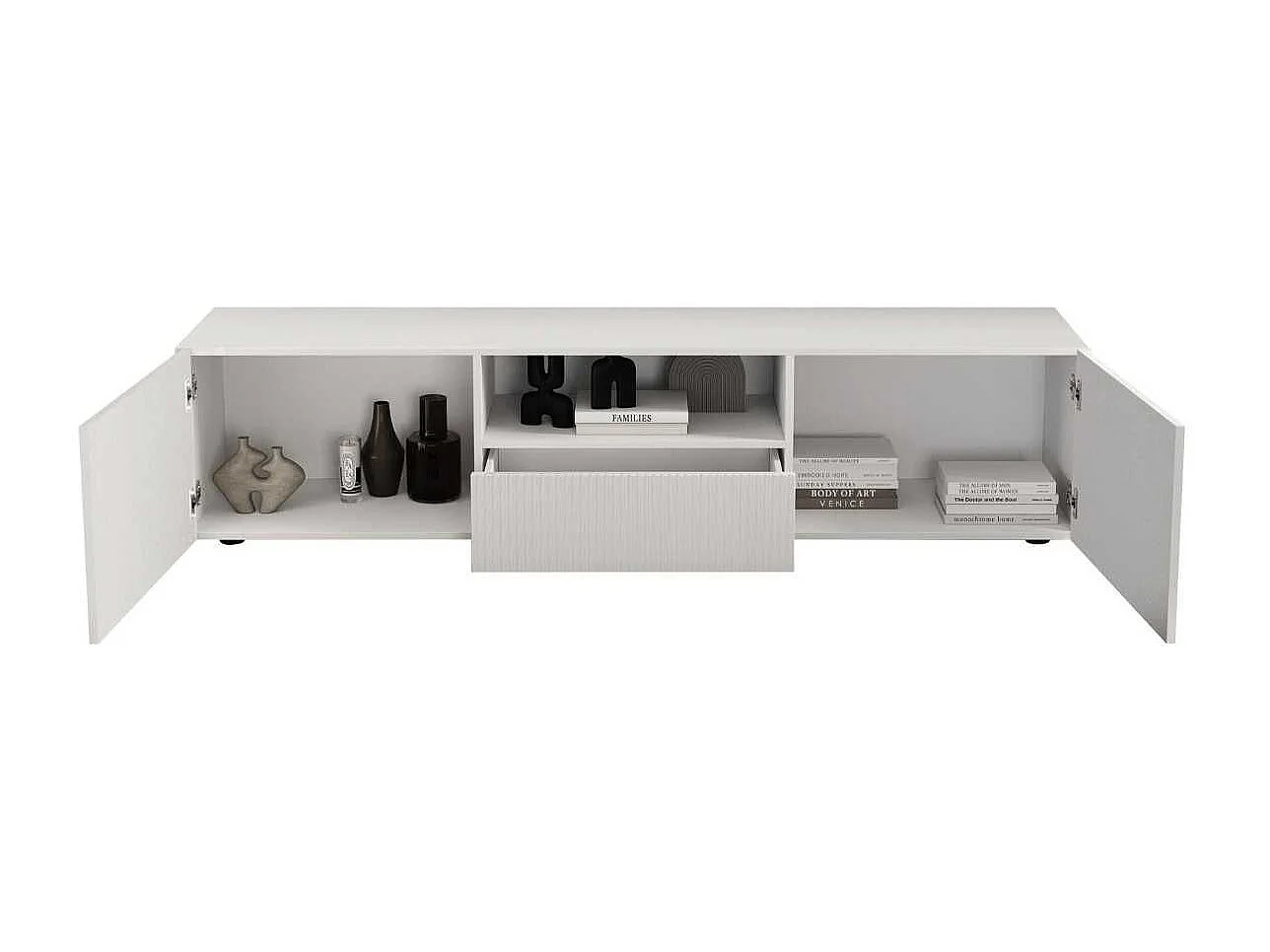 Meuble TV 2 portes 1 tiroir blanc façades relief à stries verticales - JANEIRO BLANC