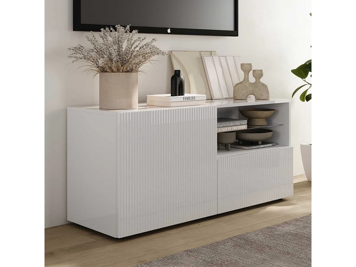 Meuble TV 1 porte 1 tiroir blanc façades relief à stries verticales - JANEIRO BLANC