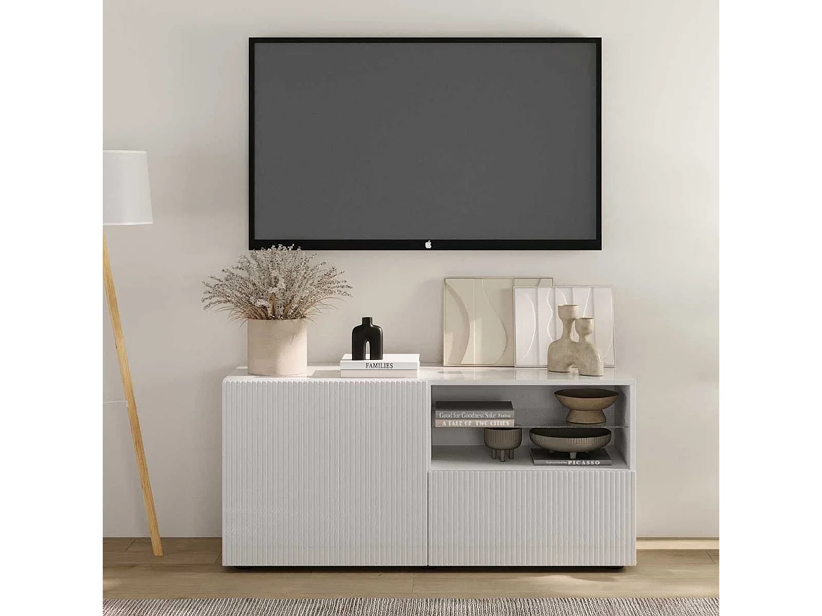 Meuble TV 1 porte 1 tiroir blanc façades relief à stries verticales - JANEIRO BLANC