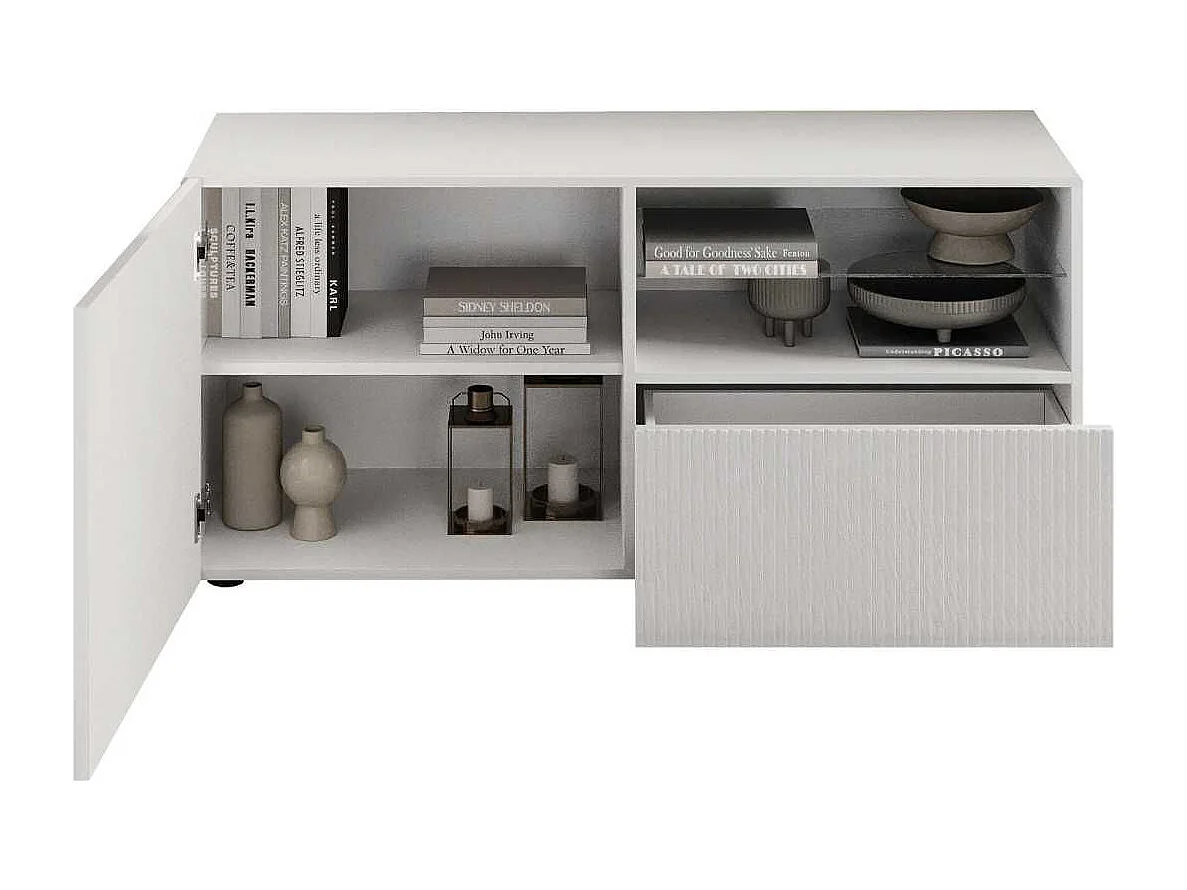 Meuble TV 1 porte 1 tiroir blanc façades relief à stries verticales - JANEIRO BLANC