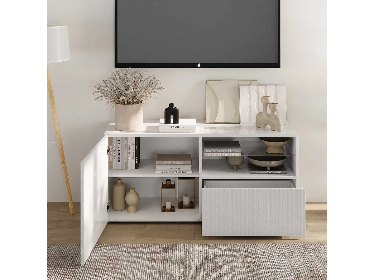 Meuble TV 1 porte 1 tiroir blanc façades relief à stries verticales - JANEIRO BLANC