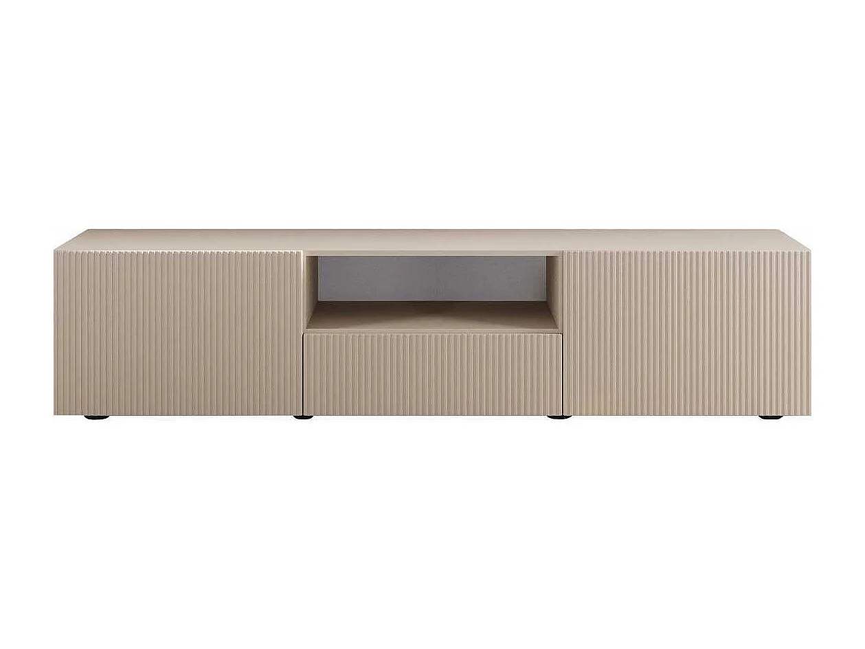 Meuble TV 2 portes 1 tiroir beige façades relief à stries verticales - JANEIRO BEIGE