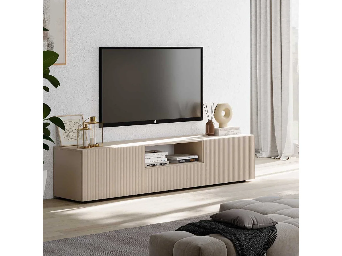 Meuble TV 2 portes 1 tiroir beige façades relief à stries verticales - JANEIRO BEIGE