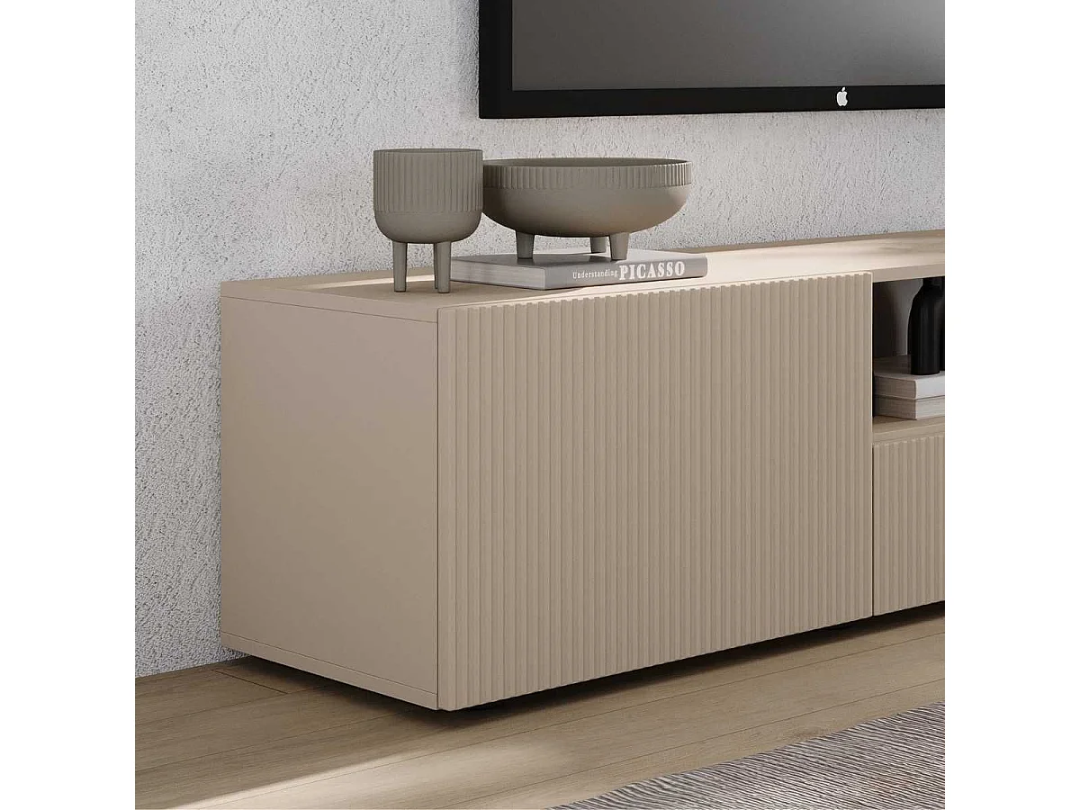 Meuble TV 2 portes 1 tiroir beige façades relief à stries verticales - JANEIRO BEIGE