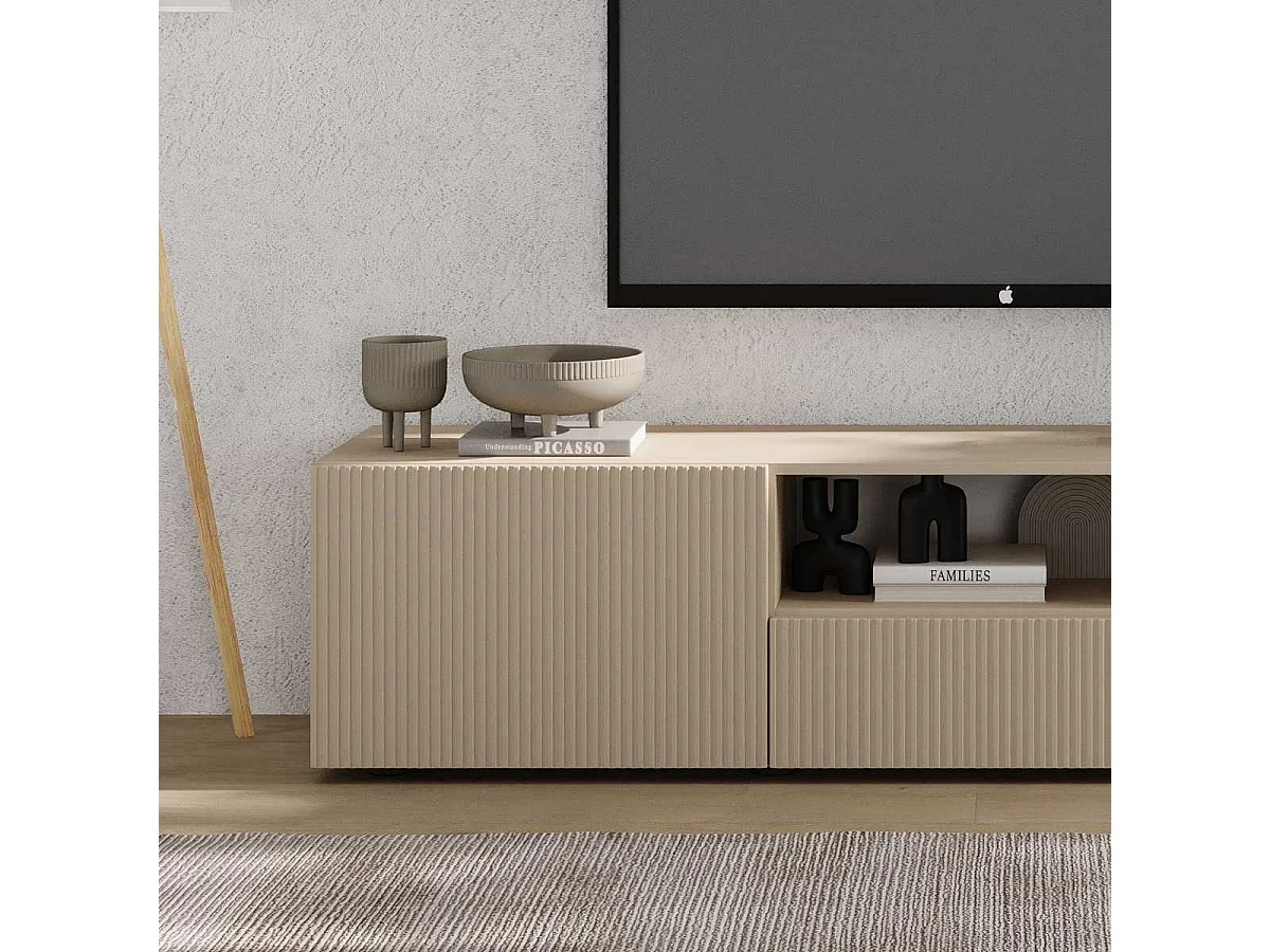 Meuble TV 2 portes 1 tiroir beige façades relief à stries verticales - JANEIRO BEIGE