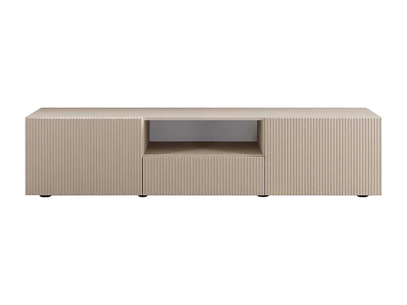 Meuble TV 2 portes 1 tiroir beige façades relief à stries verticales - JANEIRO BEIGE