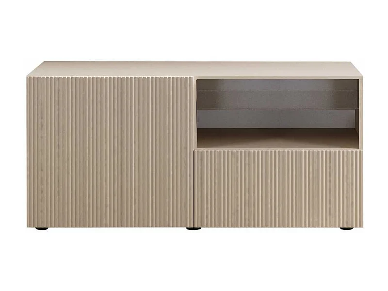Meuble TV 1 porte 1 tiroir beige façades relief à stries verticales - JANEIRO BEIGE
