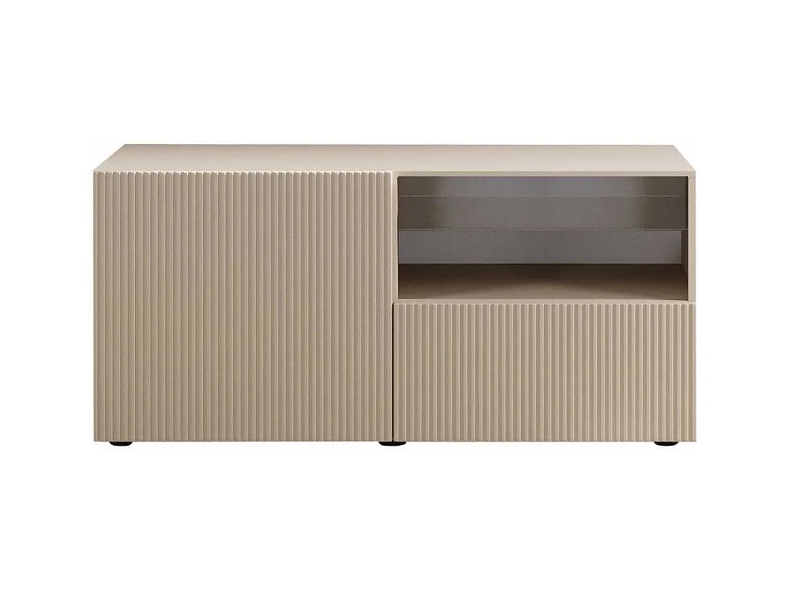 Meuble TV 1 porte 1 tiroir beige façades relief à stries verticales - JANEIRO BEIGE
