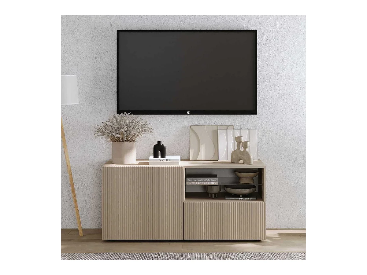 Meuble TV 1 porte 1 tiroir beige façades relief à stries verticales - JANEIRO BEIGE