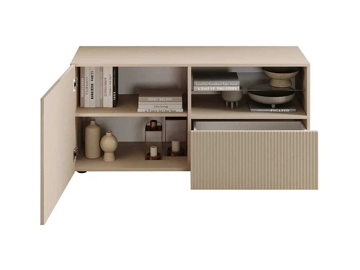 Meuble TV 1 porte 1 tiroir beige façades relief à stries verticales - JANEIRO BEIGE