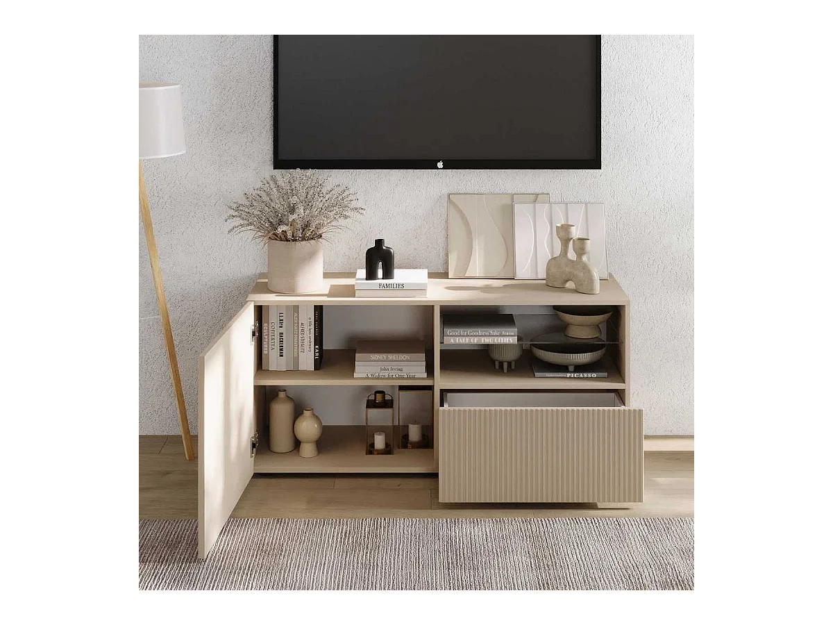 Meuble TV 1 porte 1 tiroir beige façades relief à stries verticales - JANEIRO BEIGE
