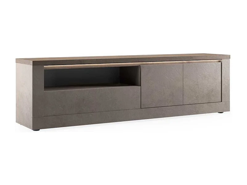 Meuble TV 2 portes aspect minéral bronze plateau bois Mercure avec LED - ISALIA BRONZE