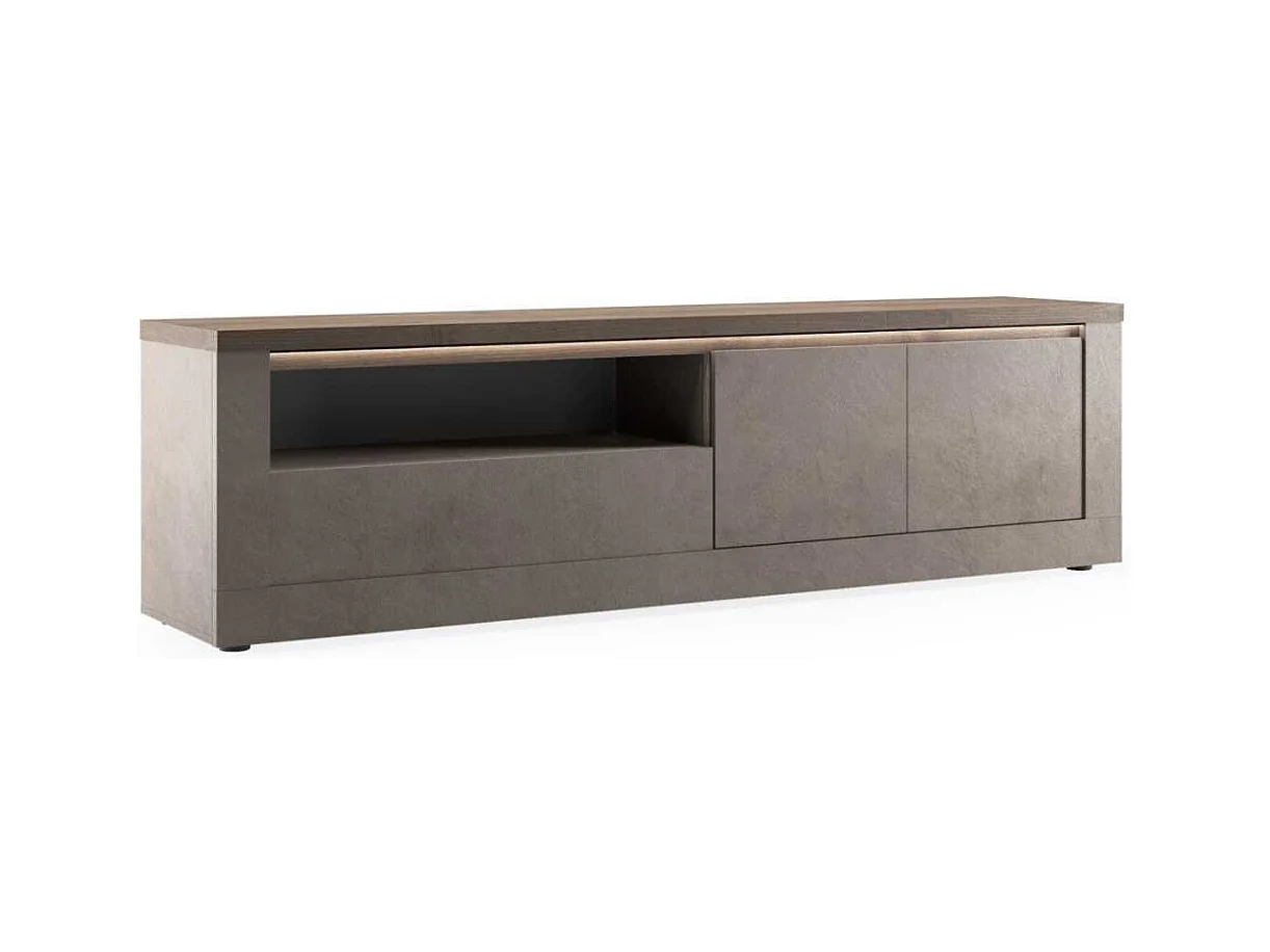 Meuble TV 2 portes aspect minéral bronze plateau bois Mercure avec LED - ISALIA BRONZE