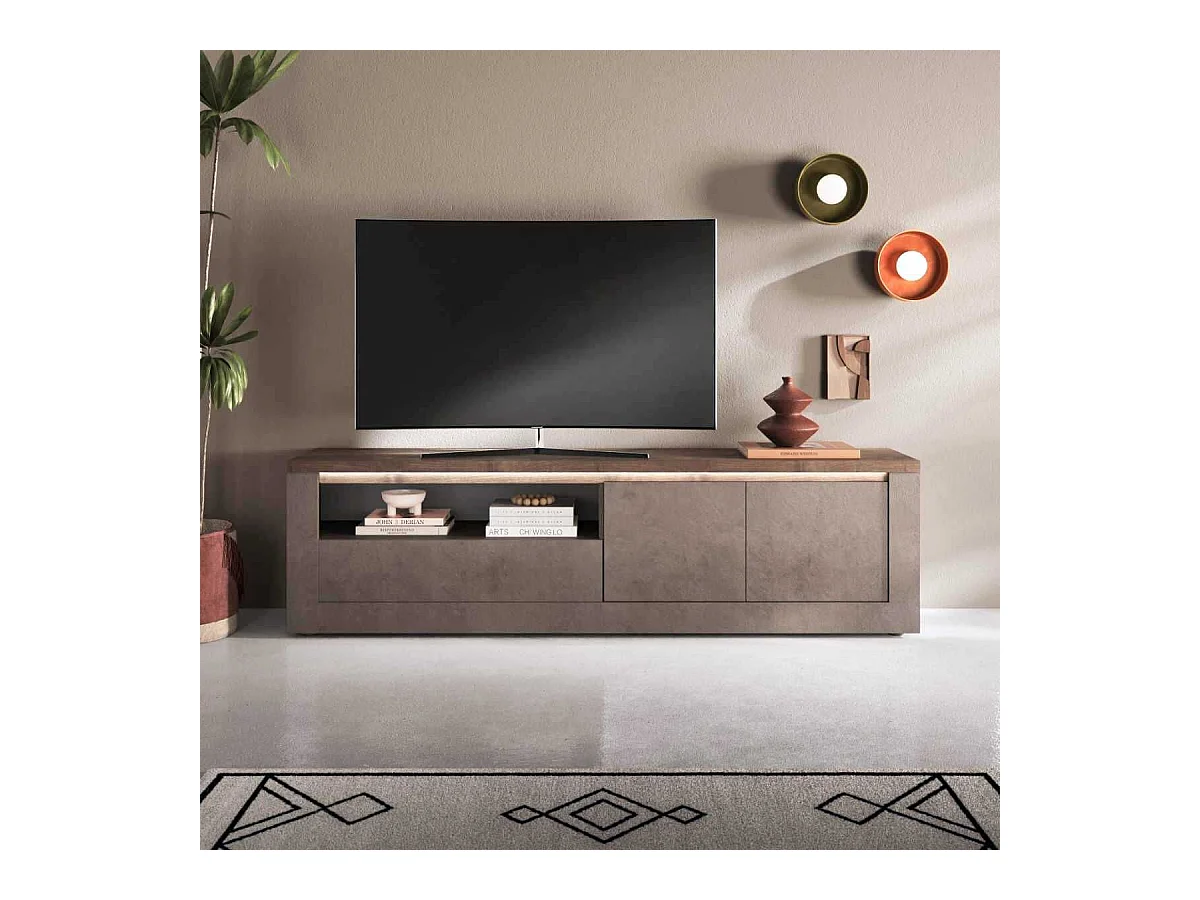 Meuble TV 2 portes aspect minéral bronze plateau bois Mercure avec LED - ISALIA BRONZE